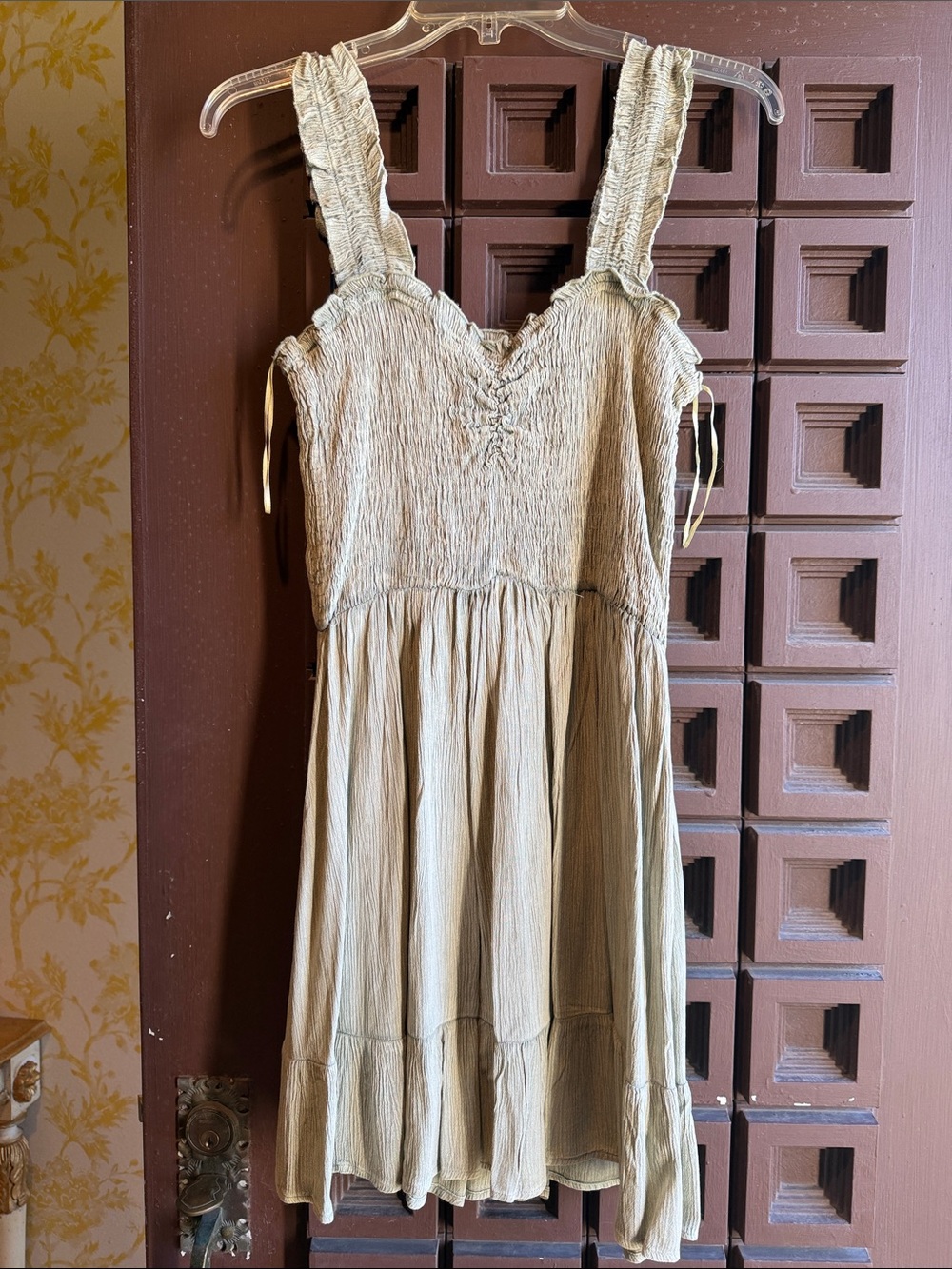 Smocked Ruffled Strap Summer Dress — Olive Beige